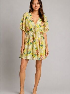 Ted Baker Yellow Floral Midi Dress with Green and Pink Blooms